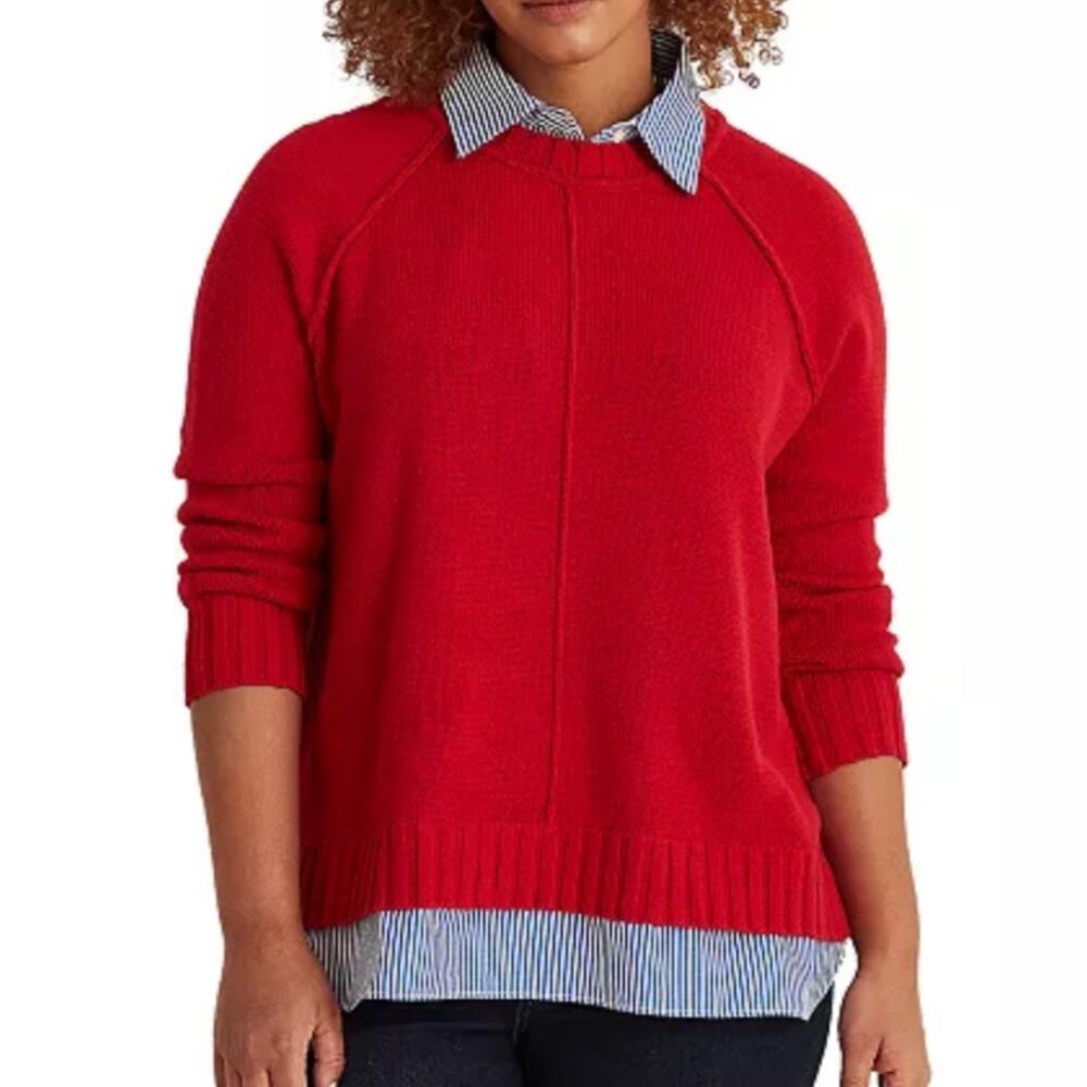 Lauren Ralph Lauren Layered Cotton Sweater Women's Plus Size 2X Red/Blue